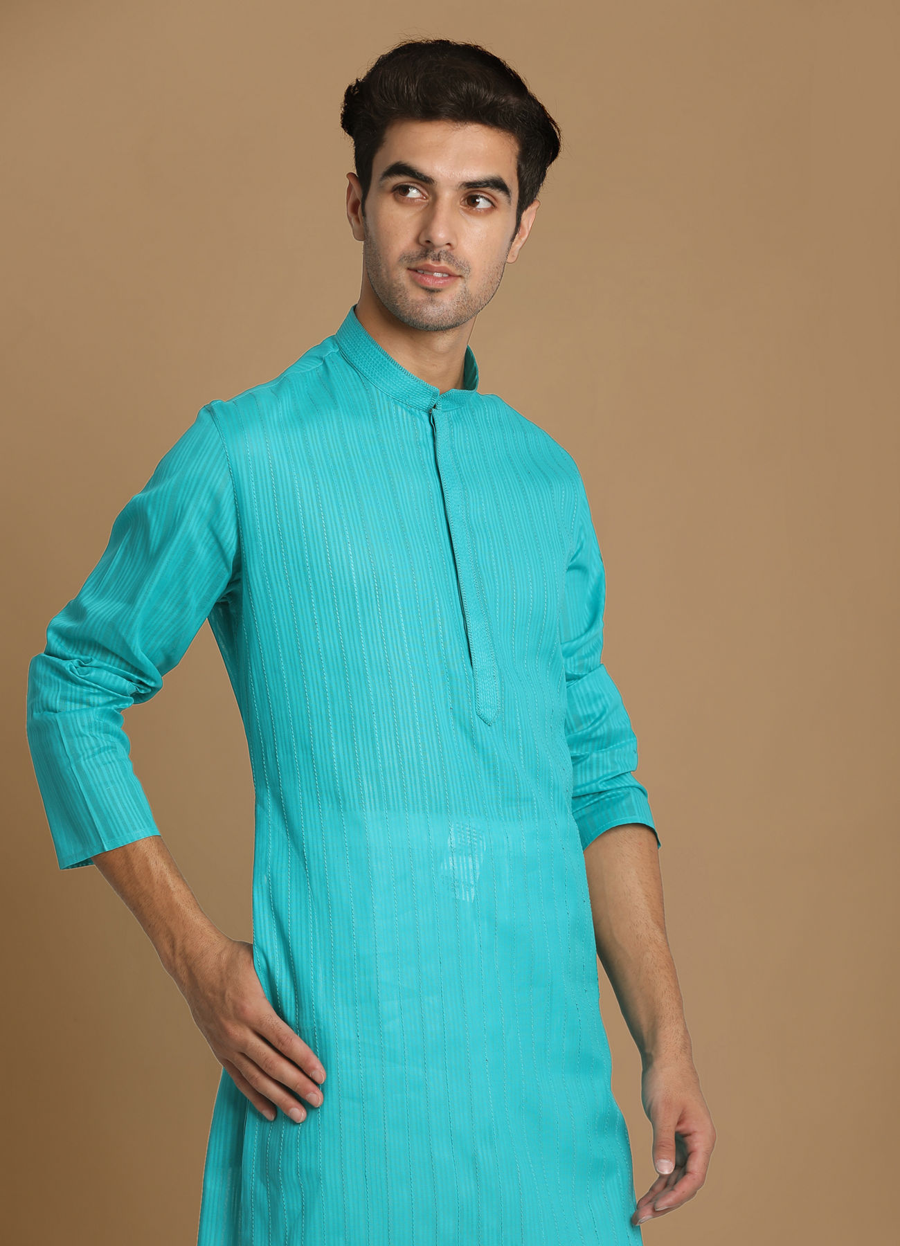 Manyavar Men Turquoise Green Self Striped Kurta Set