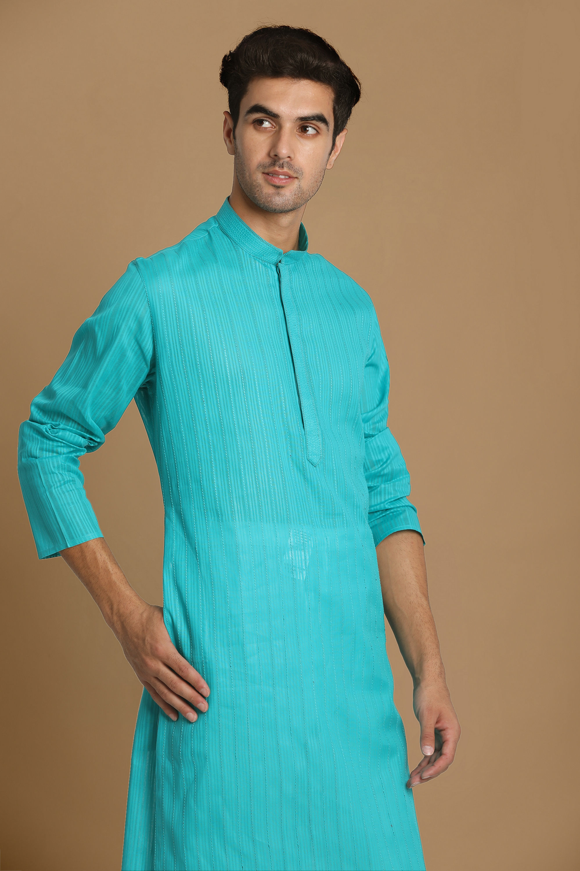 Manyavar Men Turquoise Green Self Striped Kurta Set