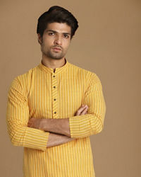 Manyavar Men Light Yellow Self Striped Kurta