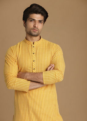 alt message - Manyavar Men Light Yellow Self Striped Kurta image number 0