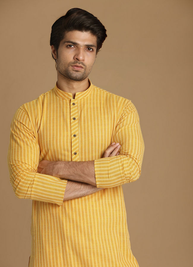 Manyavar Men Light Yellow Self Striped Kurta