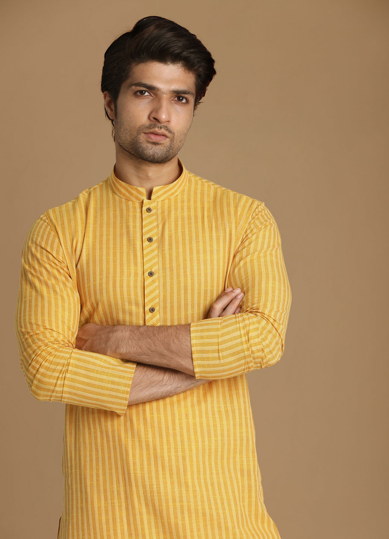 Manyavar Men Light Yellow Self Striped Kurta