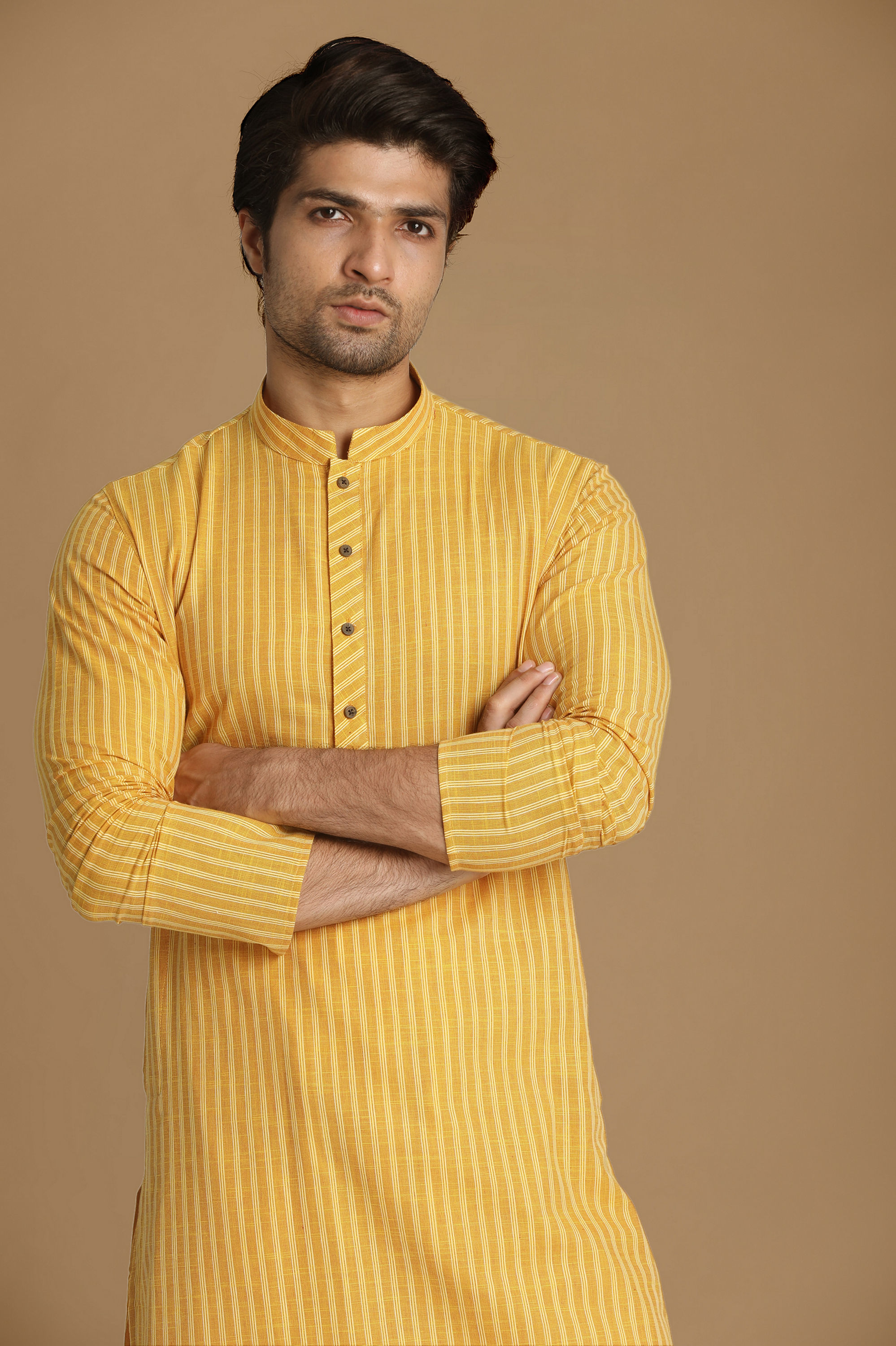 Manyavar Men Light Yellow Self Striped Kurta