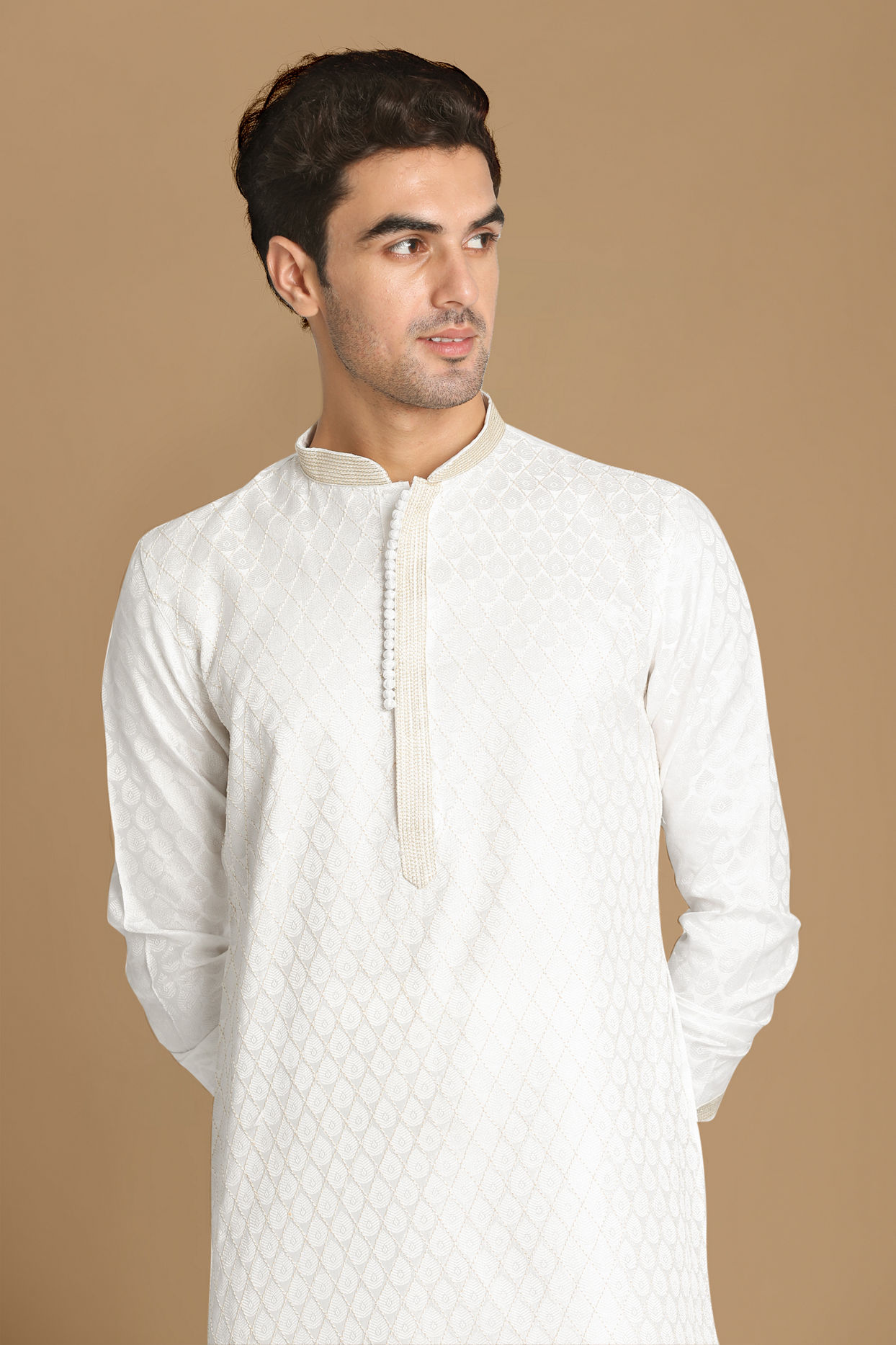Manyavar Men White Self Design Kurta Set