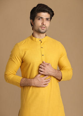 alt message - Manyavar Men Daffodil Yellow Self Design Kurta image number 0