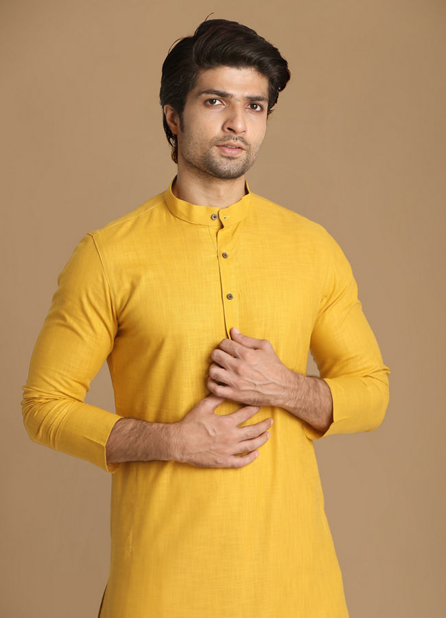 Manyavar Men Daffodil Yellow Self Design Kurta