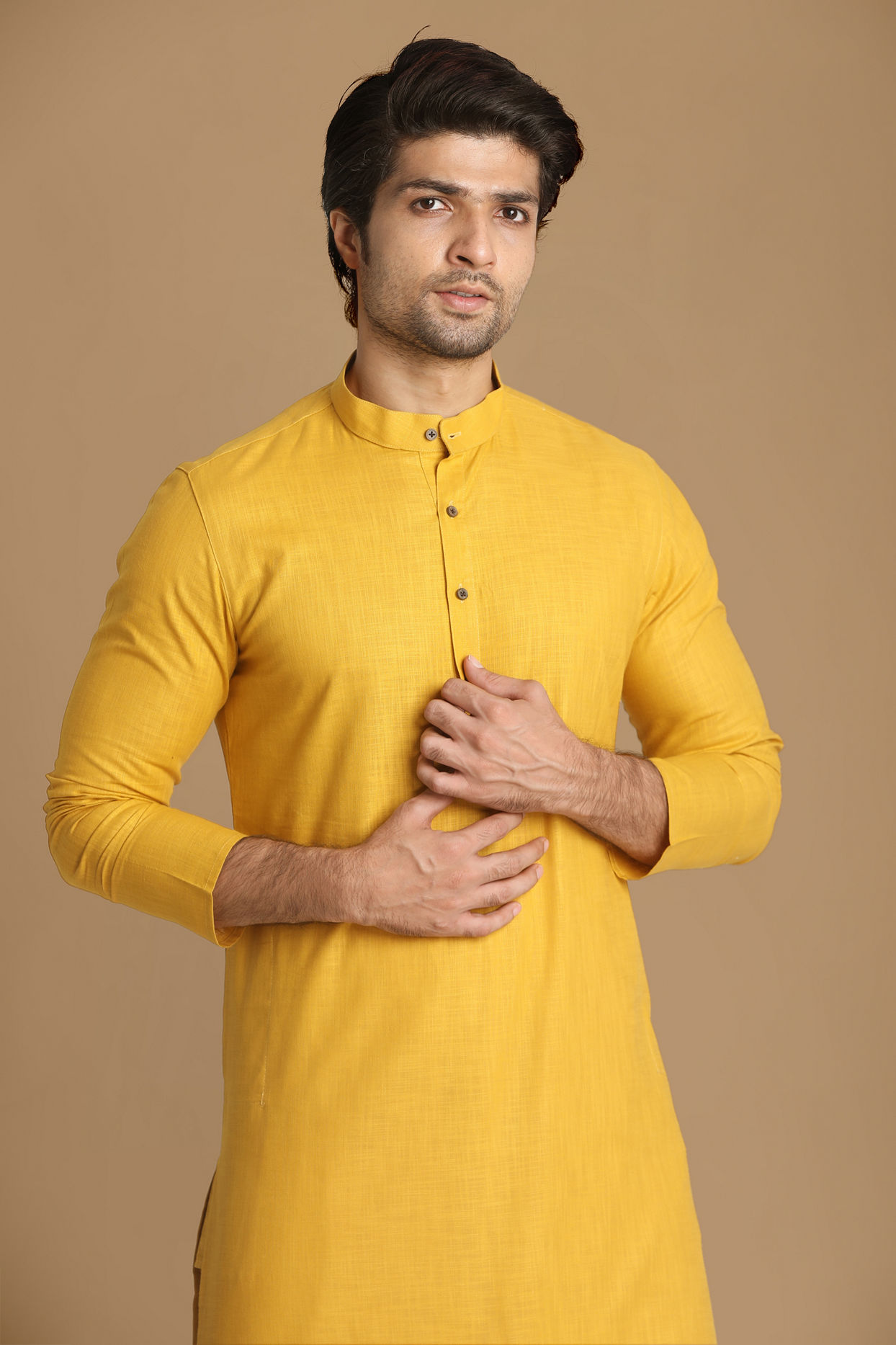 alt message - Manyavar Men Daffodil Yellow Self Design Kurta image number 0