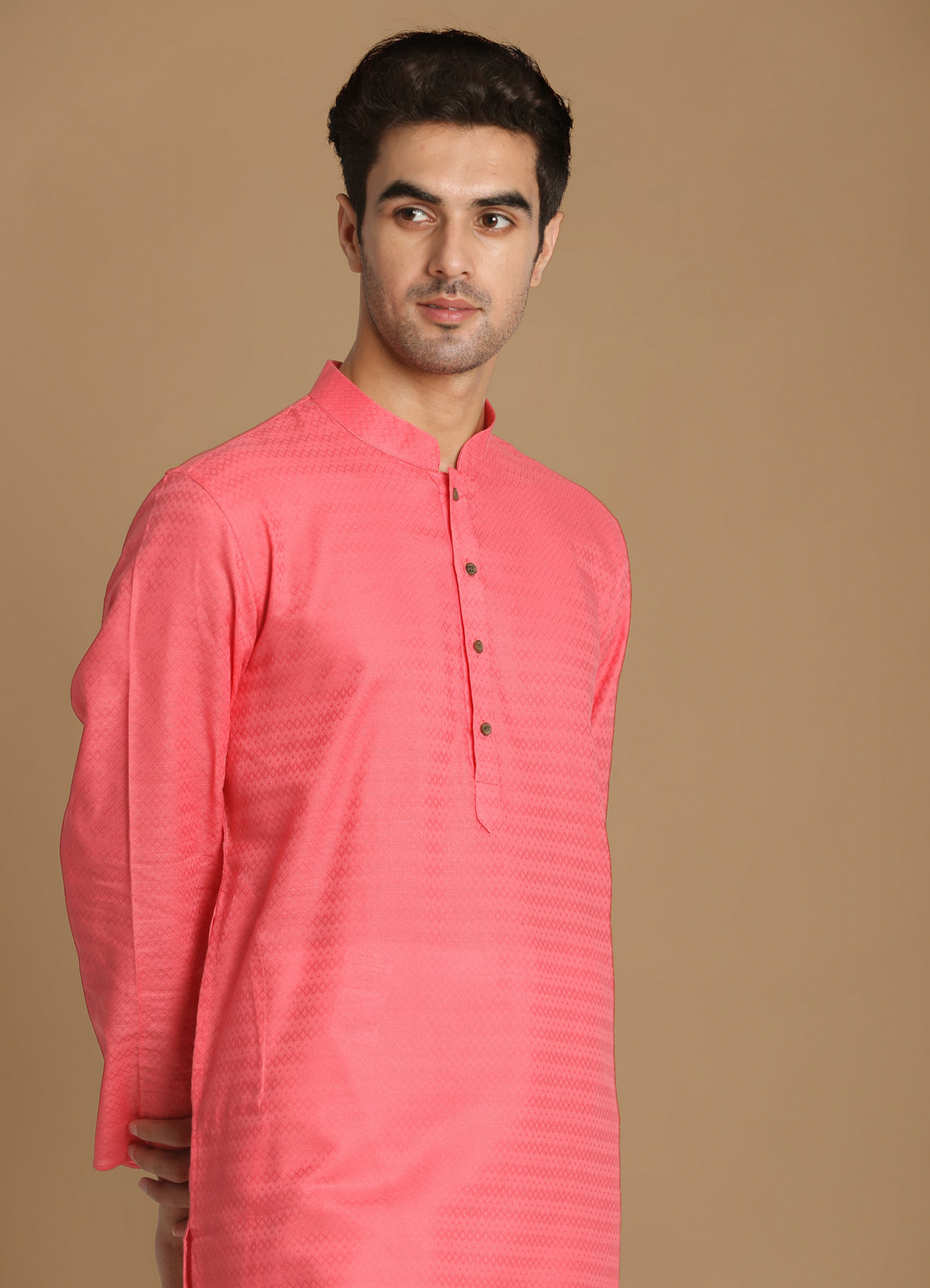 Manyavar Men Bubblegum Pink Self Motif Kurta
