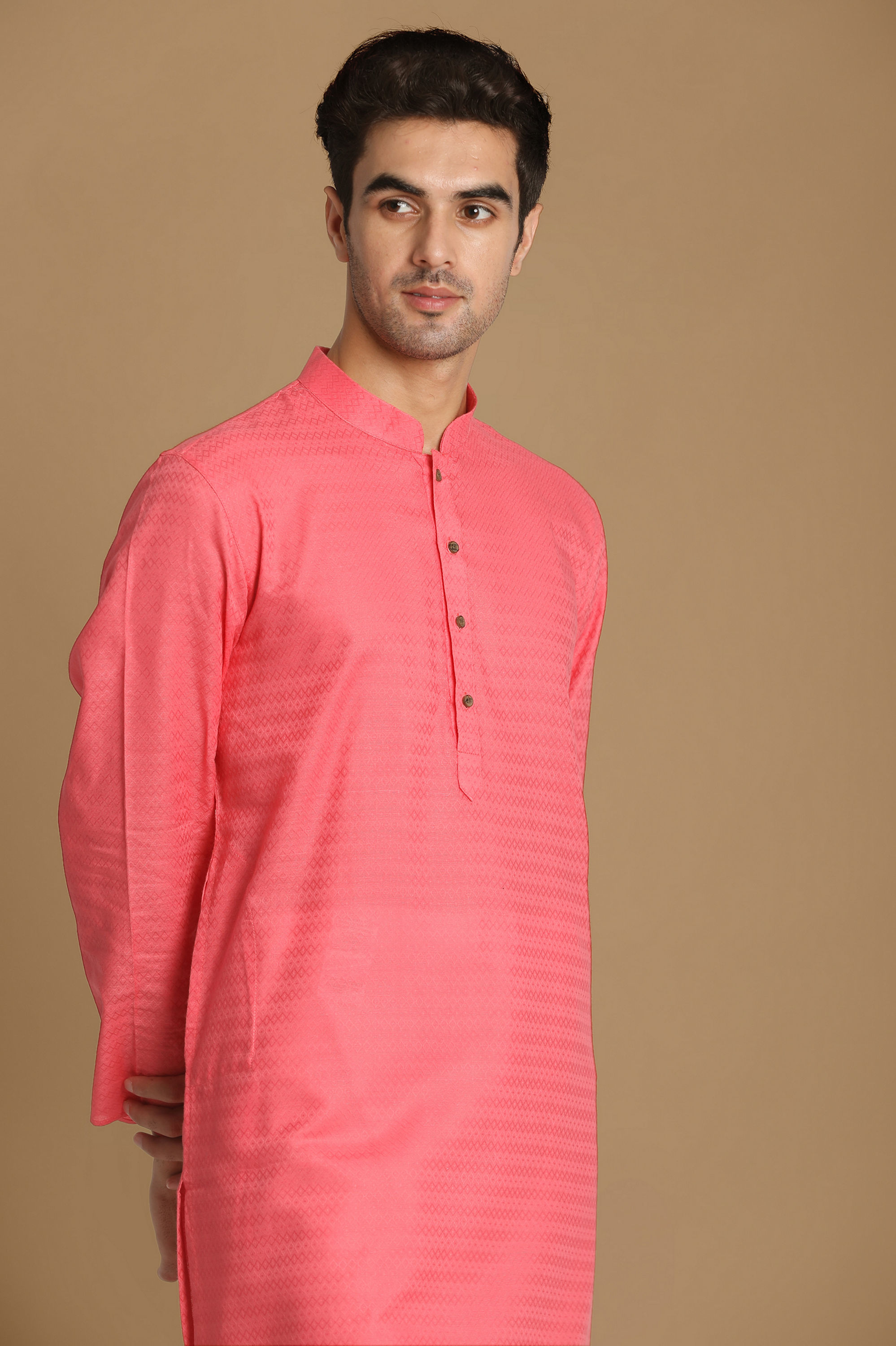 Manyavar Men Bubblegum Pink Self Motif Kurta
