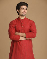 Manyavar Men Ruby Red Self Design Kurta