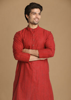 Manyavar Men Ruby Red Self Design Kurta image number 0