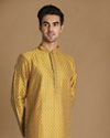 Manyavar Men Molten Gold Yellow Jacquard Kurta Set