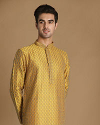 Manyavar Men Molten Gold Yellow Jacquard Kurta Set