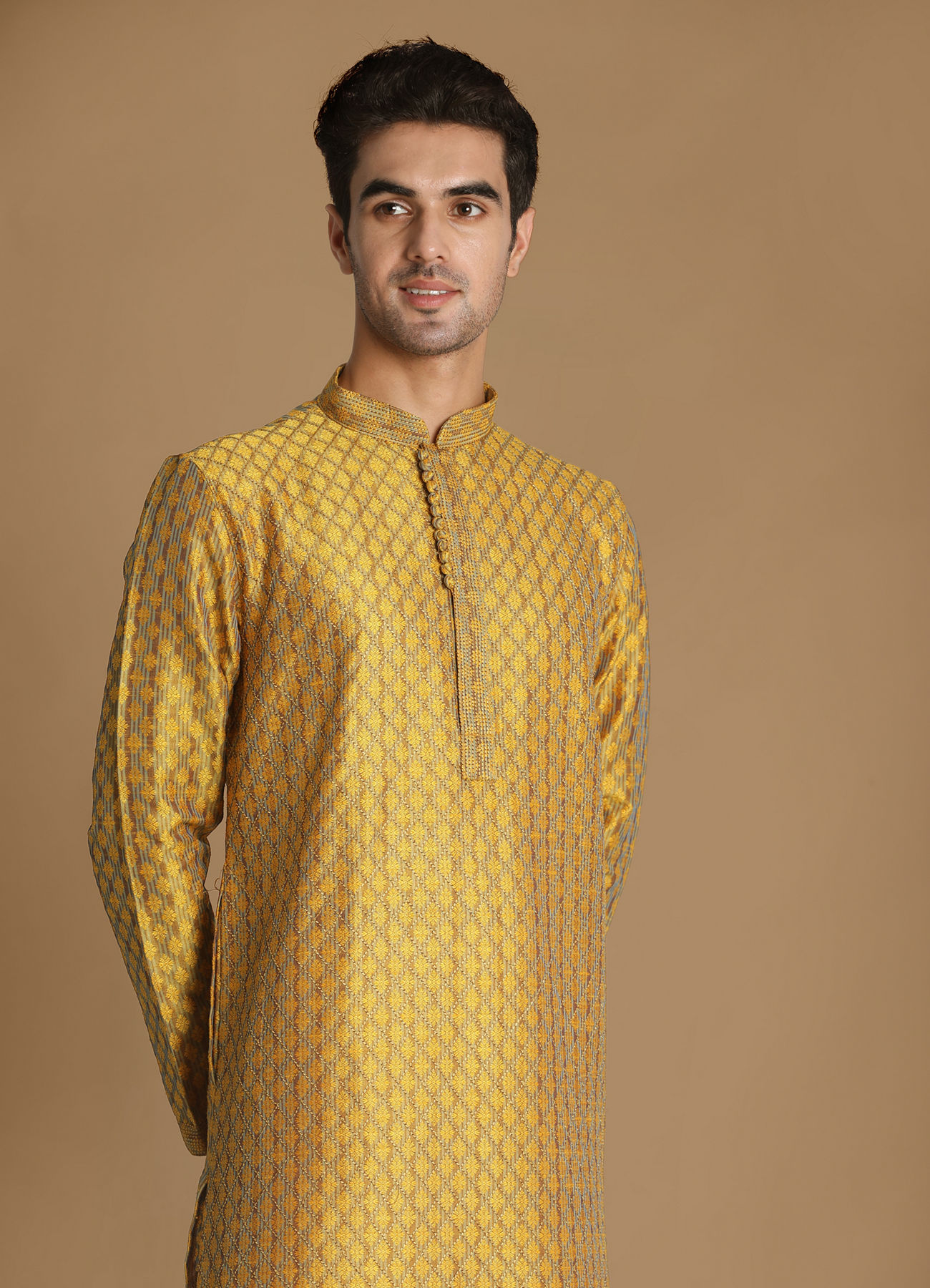 Manyavar Men Molten Gold Yellow Jacquard Kurta Set