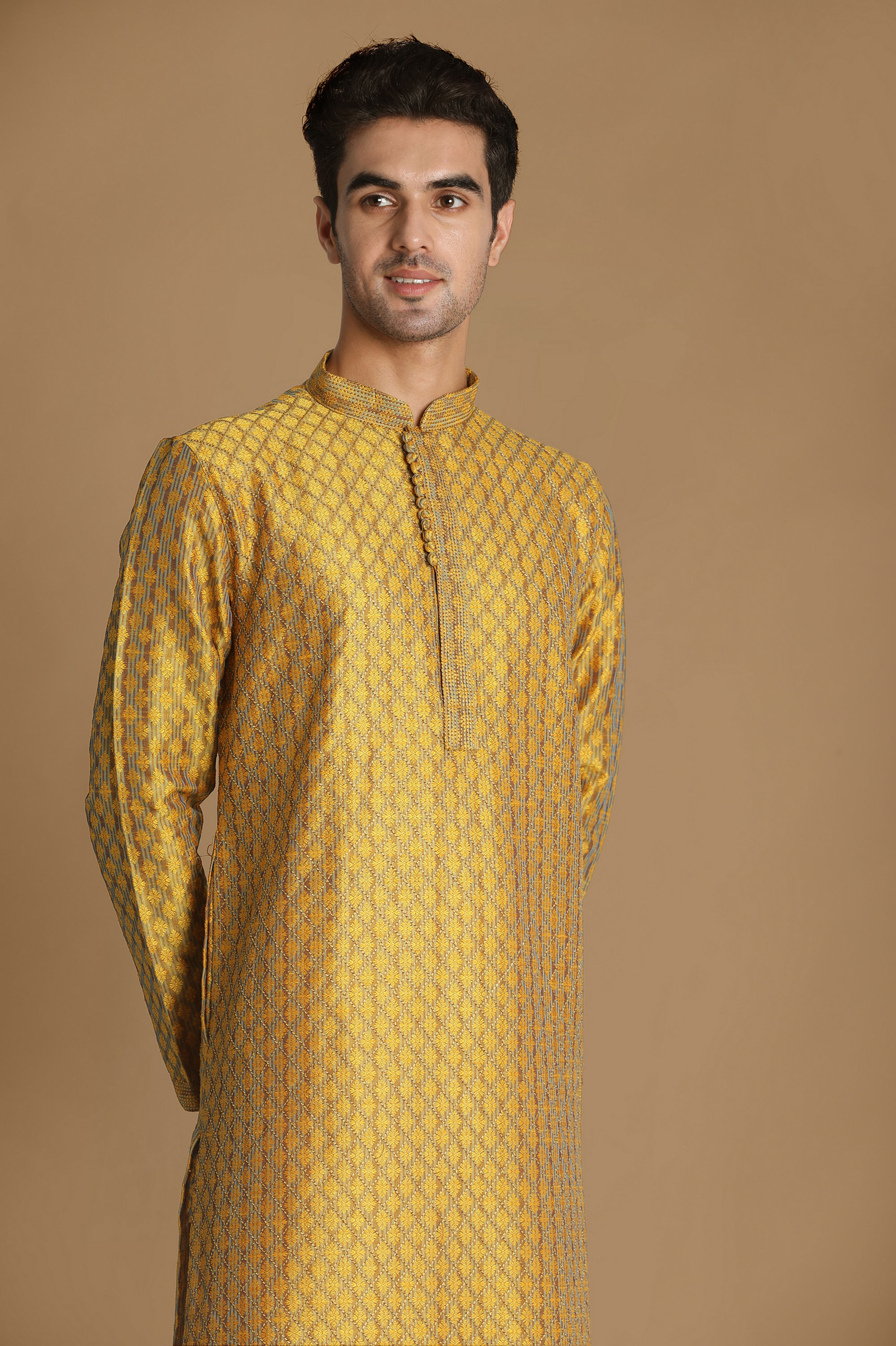 Manyavar Men Molten Gold Yellow Jacquard Kurta Set