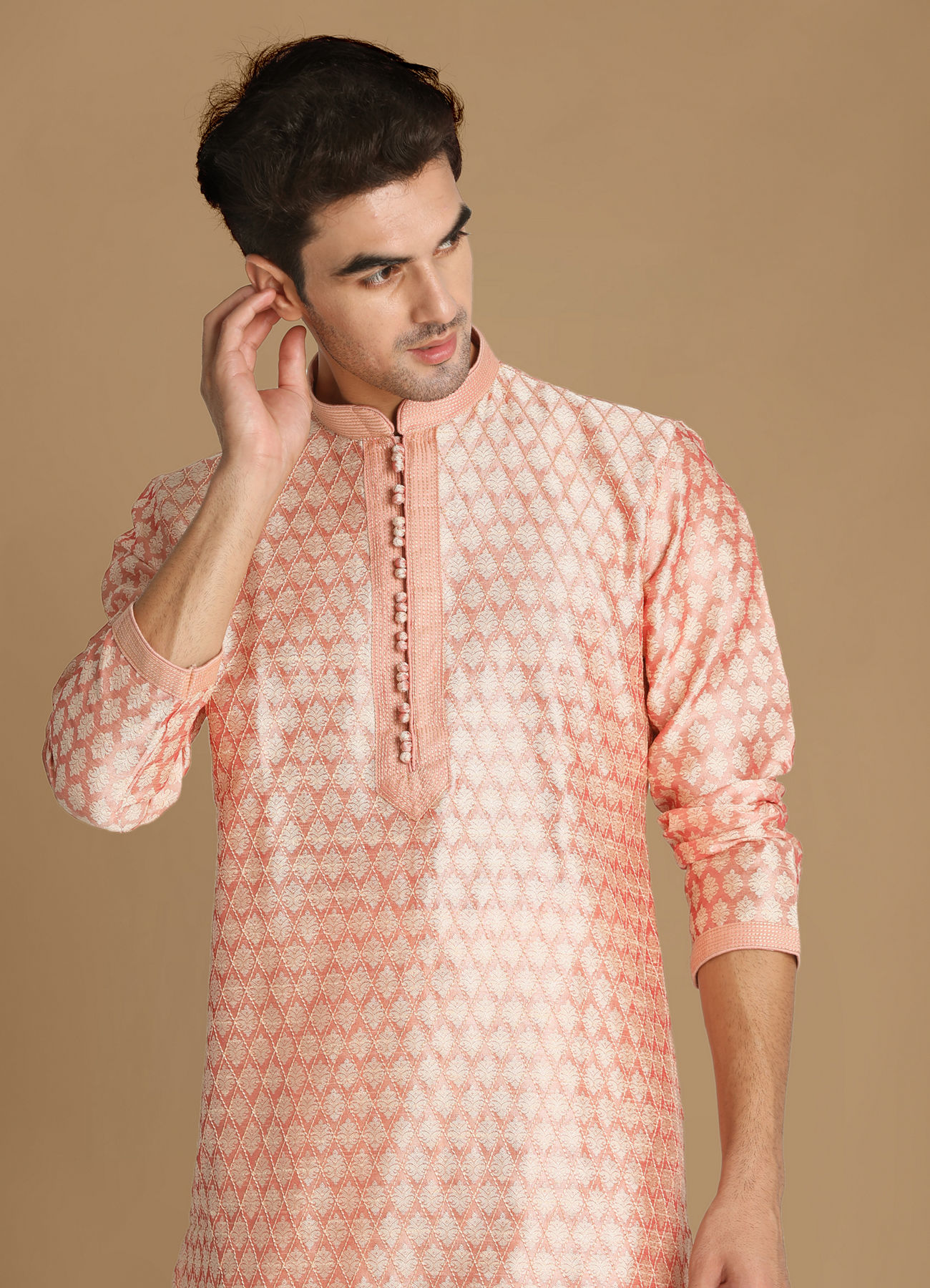 Manyavar Men Light Pink Self Design Kurta Set