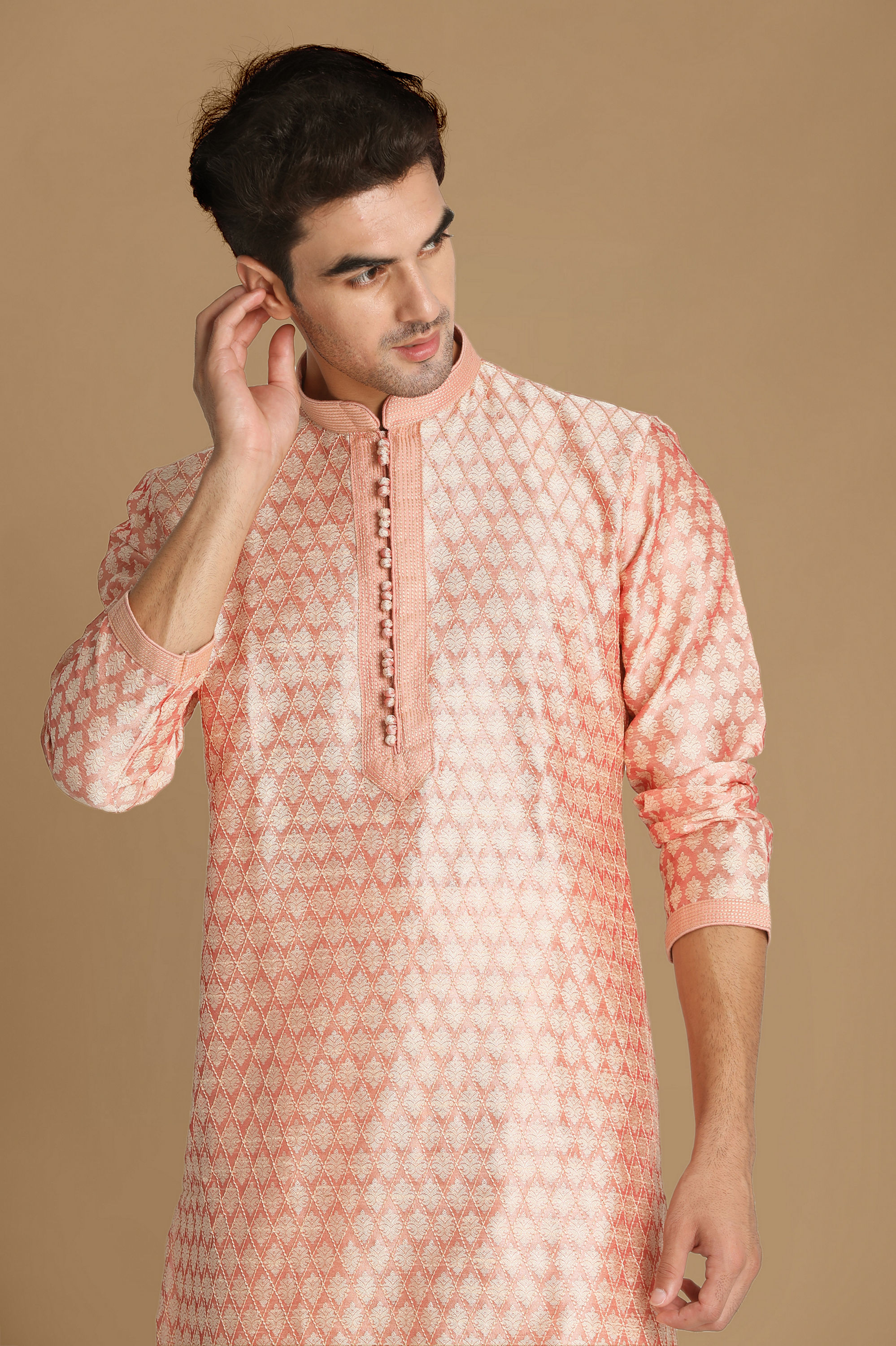 Manyavar Men Light Pink Self Design Kurta Set
