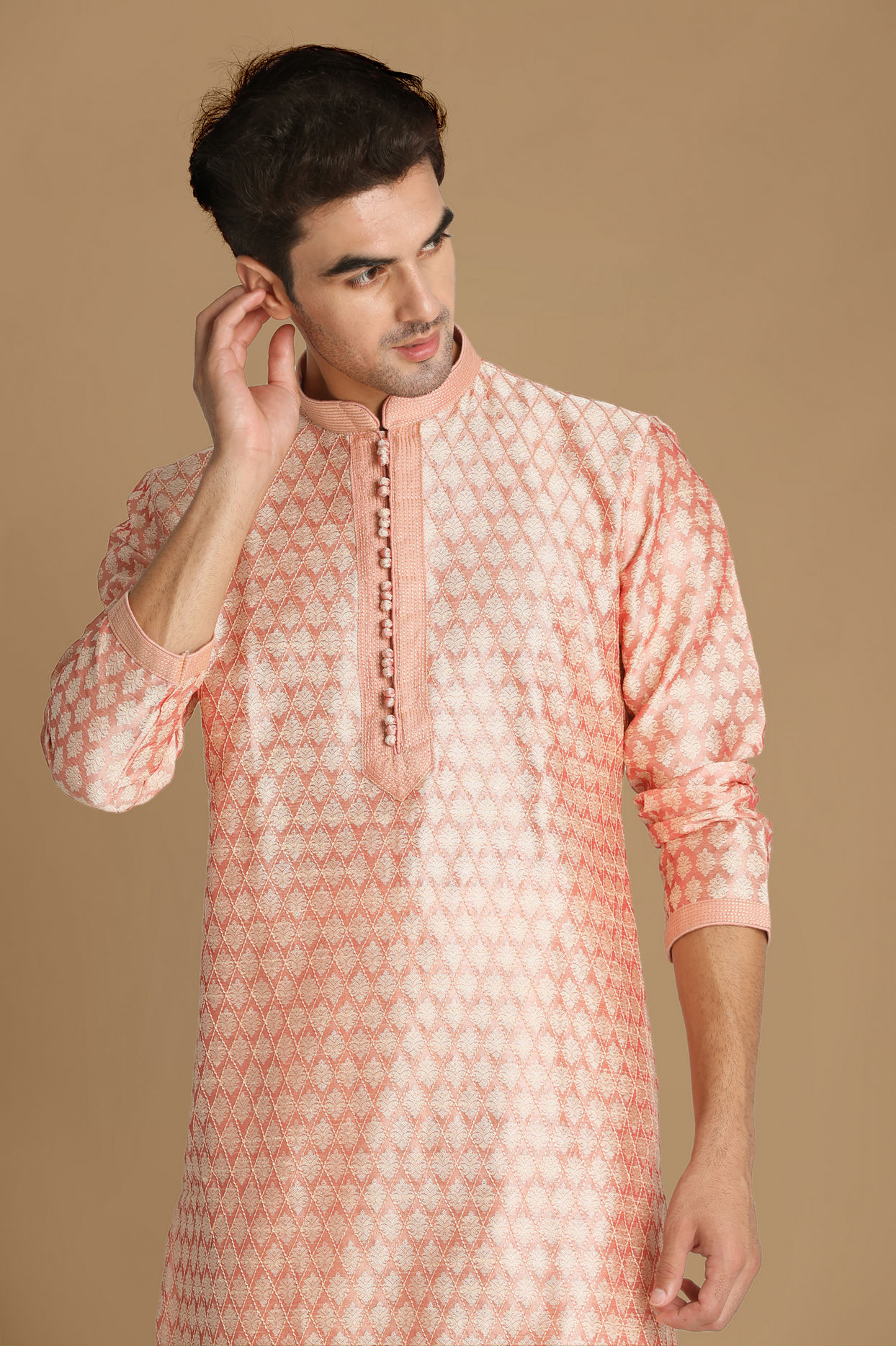Manyavar Men Light Pink Self Design Kurta Set