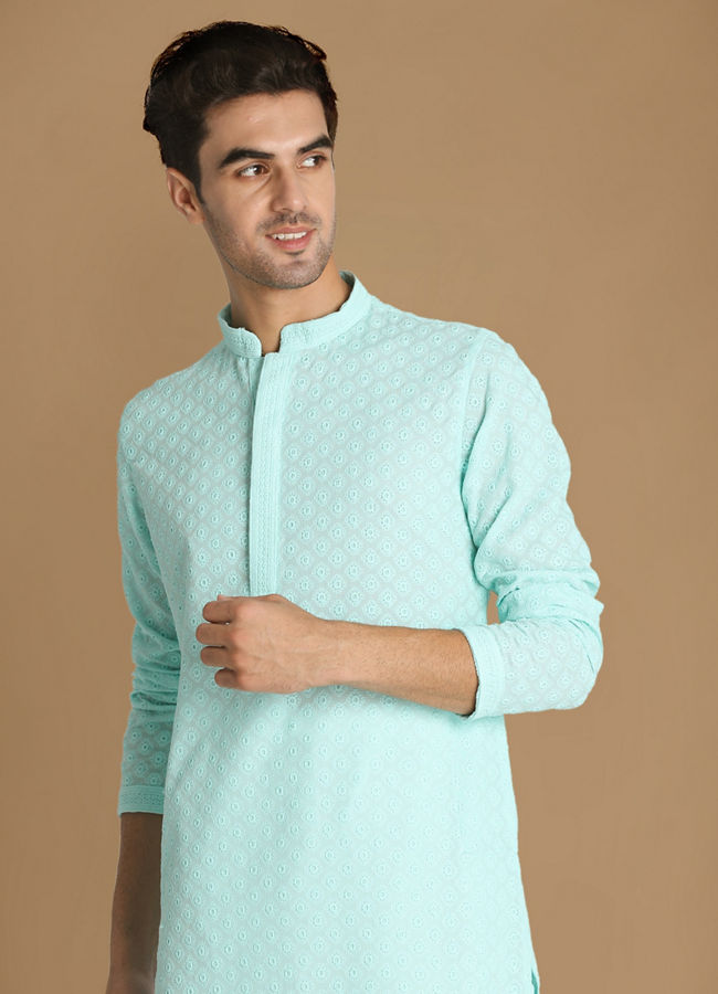 Manyavar Men Mint Green Chikankari Kurta Set image number 0