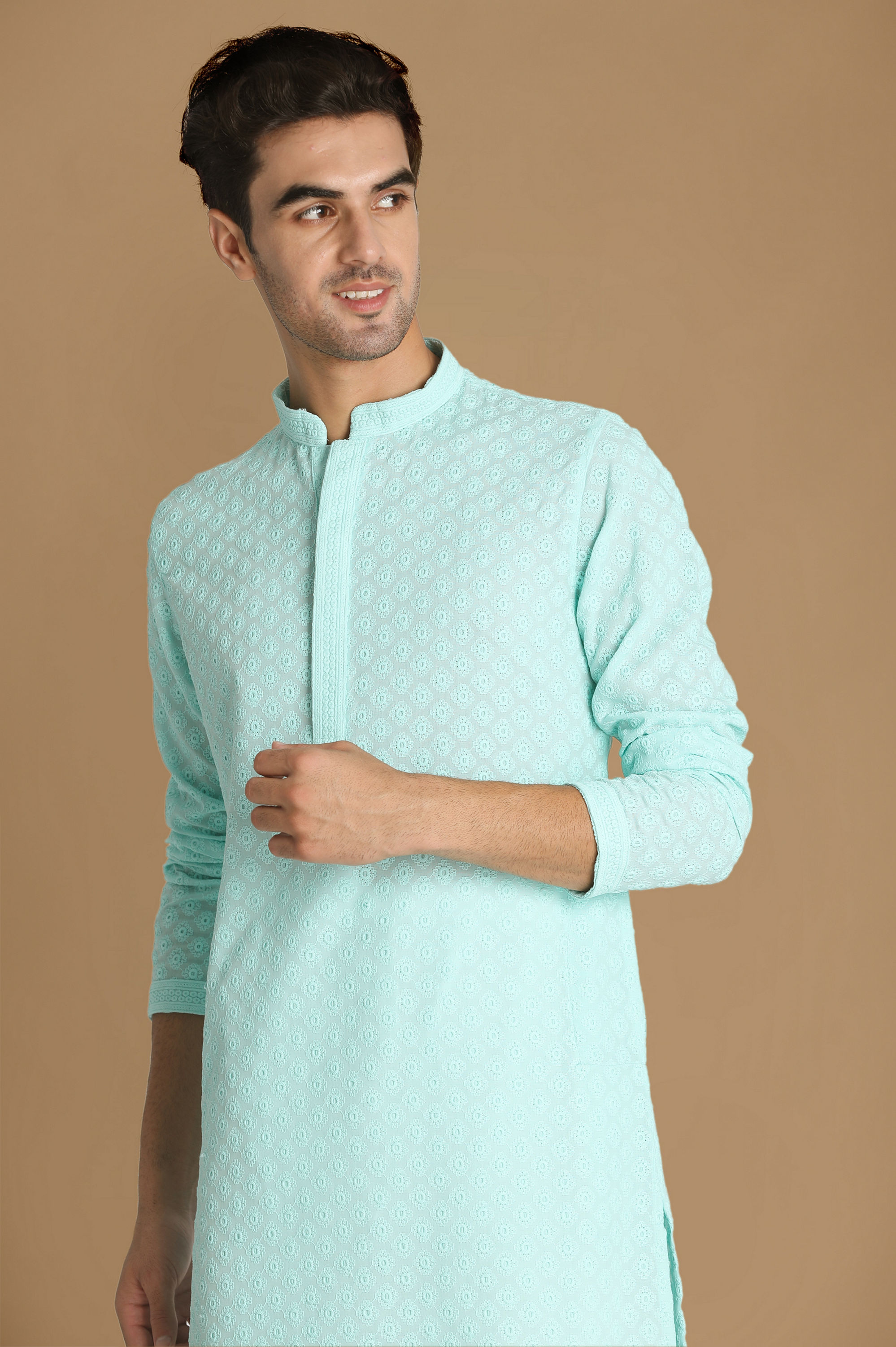 Manyavar Men Mint Green Chikankari Kurta Set