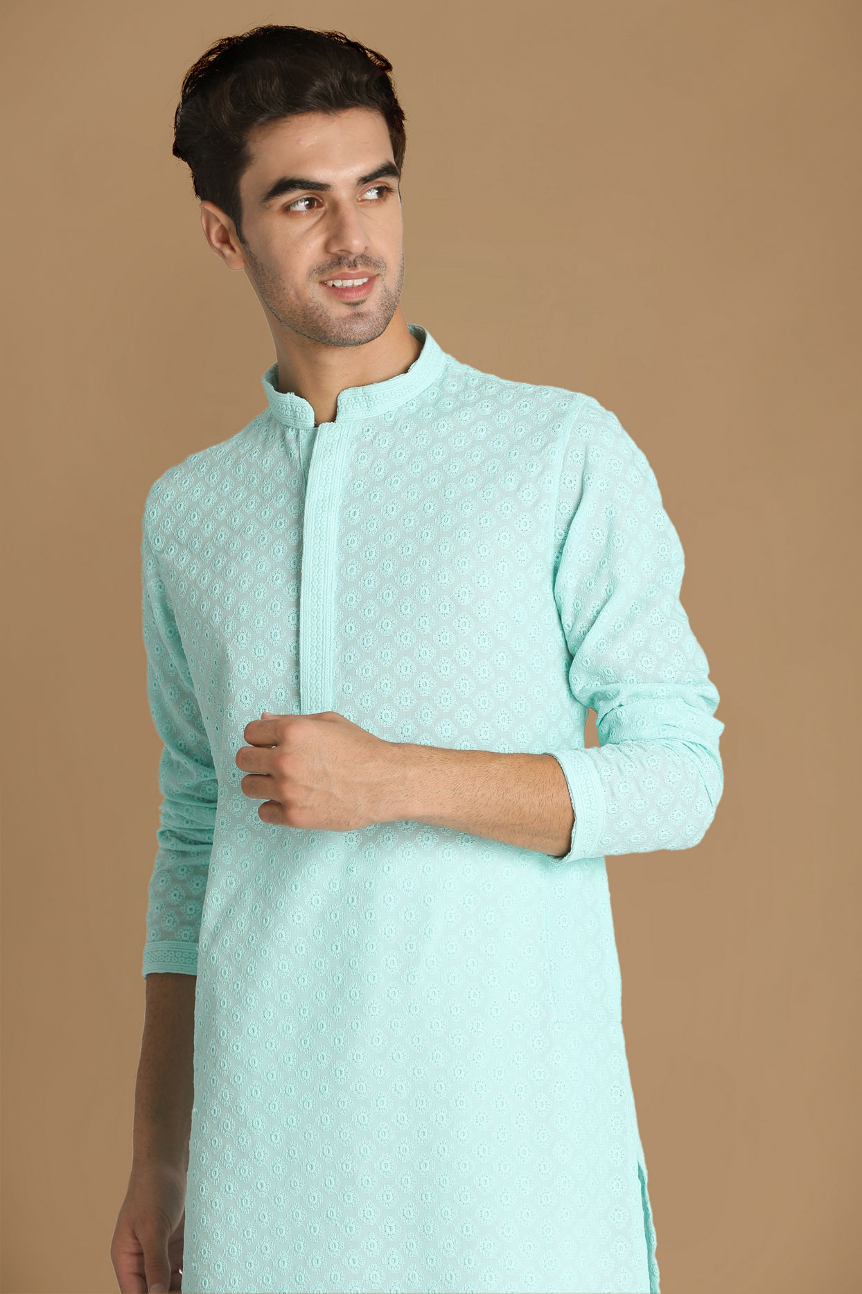 Manyavar Men Mint Green Chikankari Kurta Set image number 0