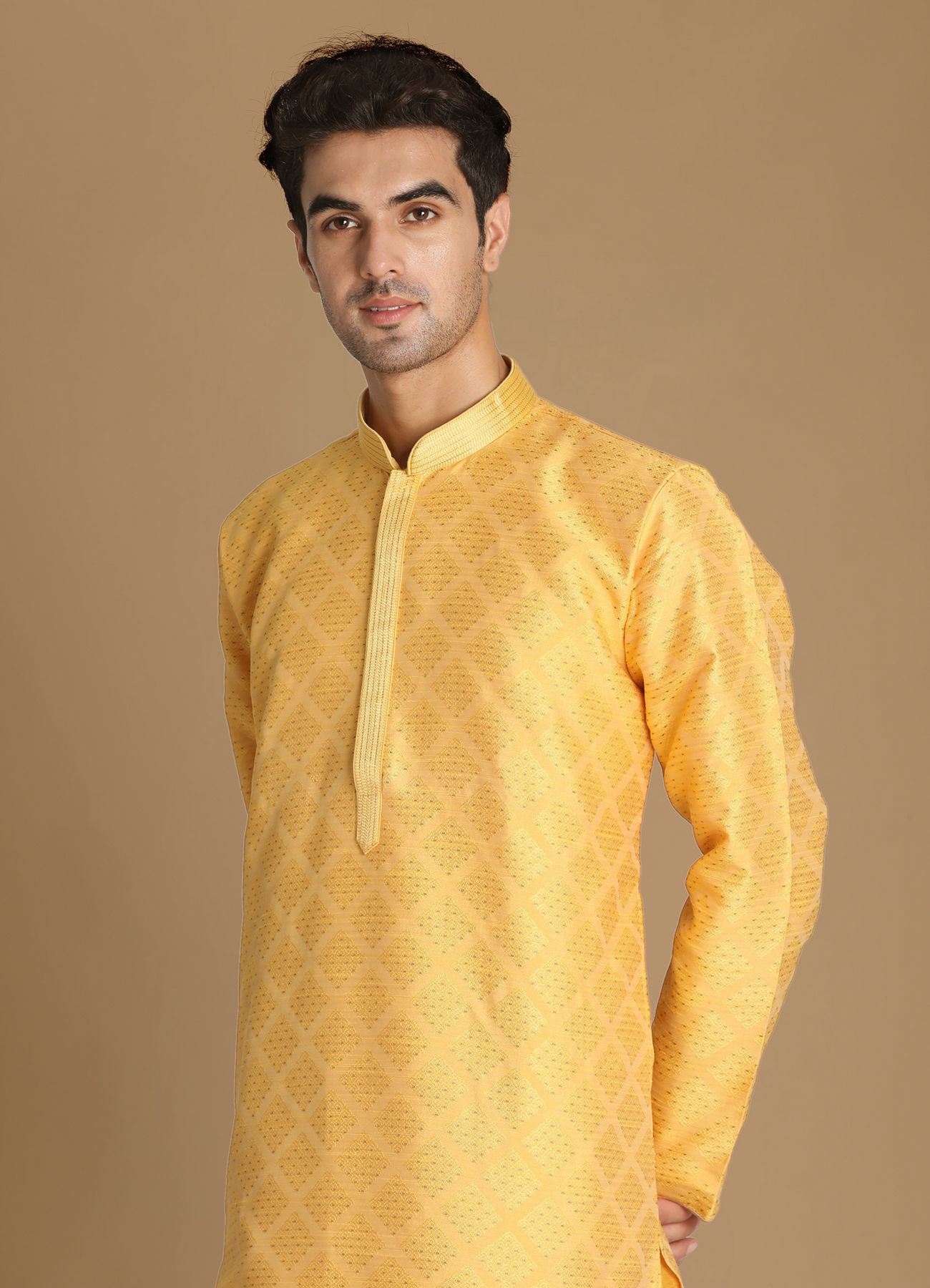 Manyavar Men Light Yellow Jacquard Kurta Set