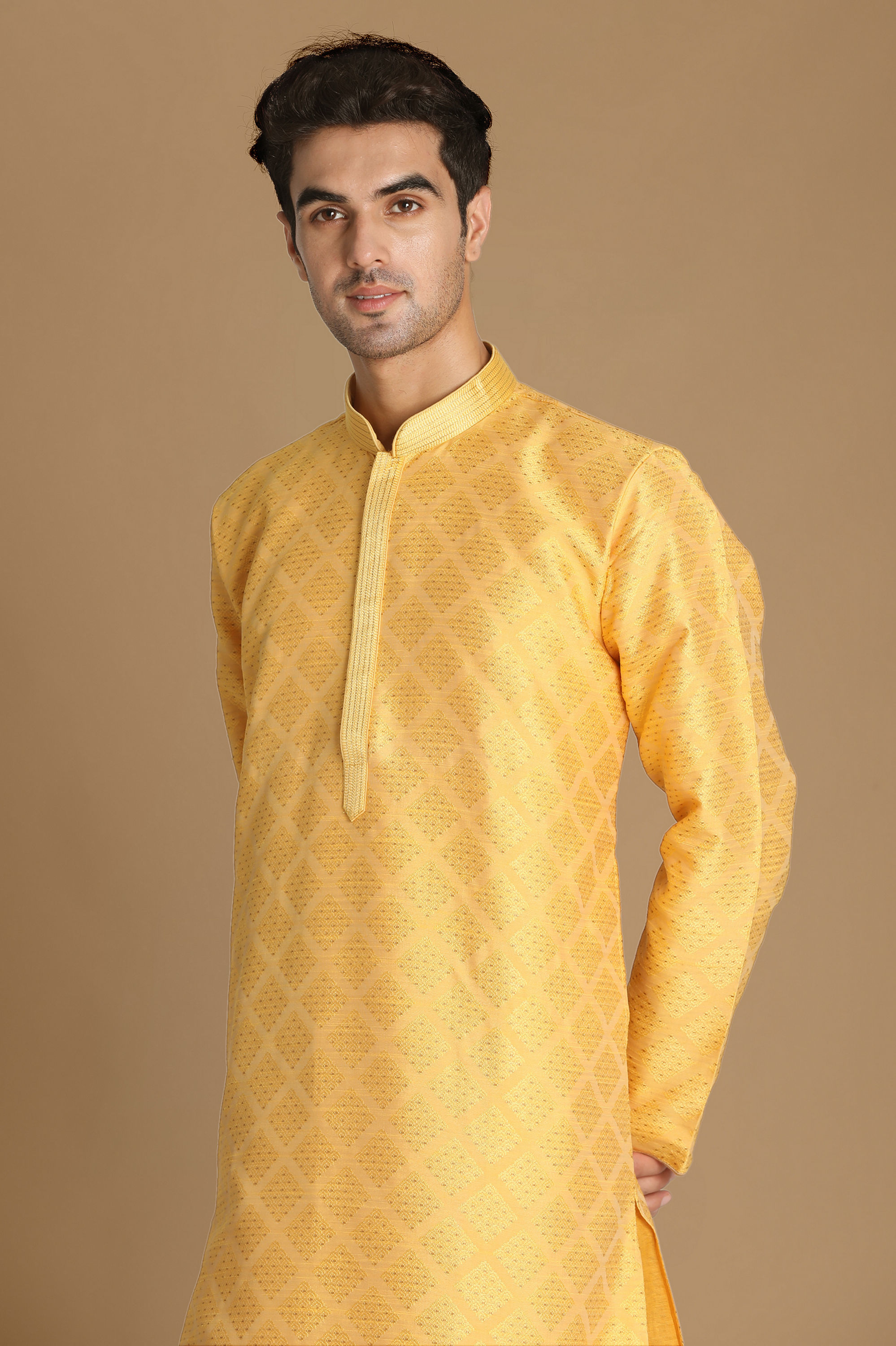 Manyavar Men Light Yellow Jacquard Kurta Set