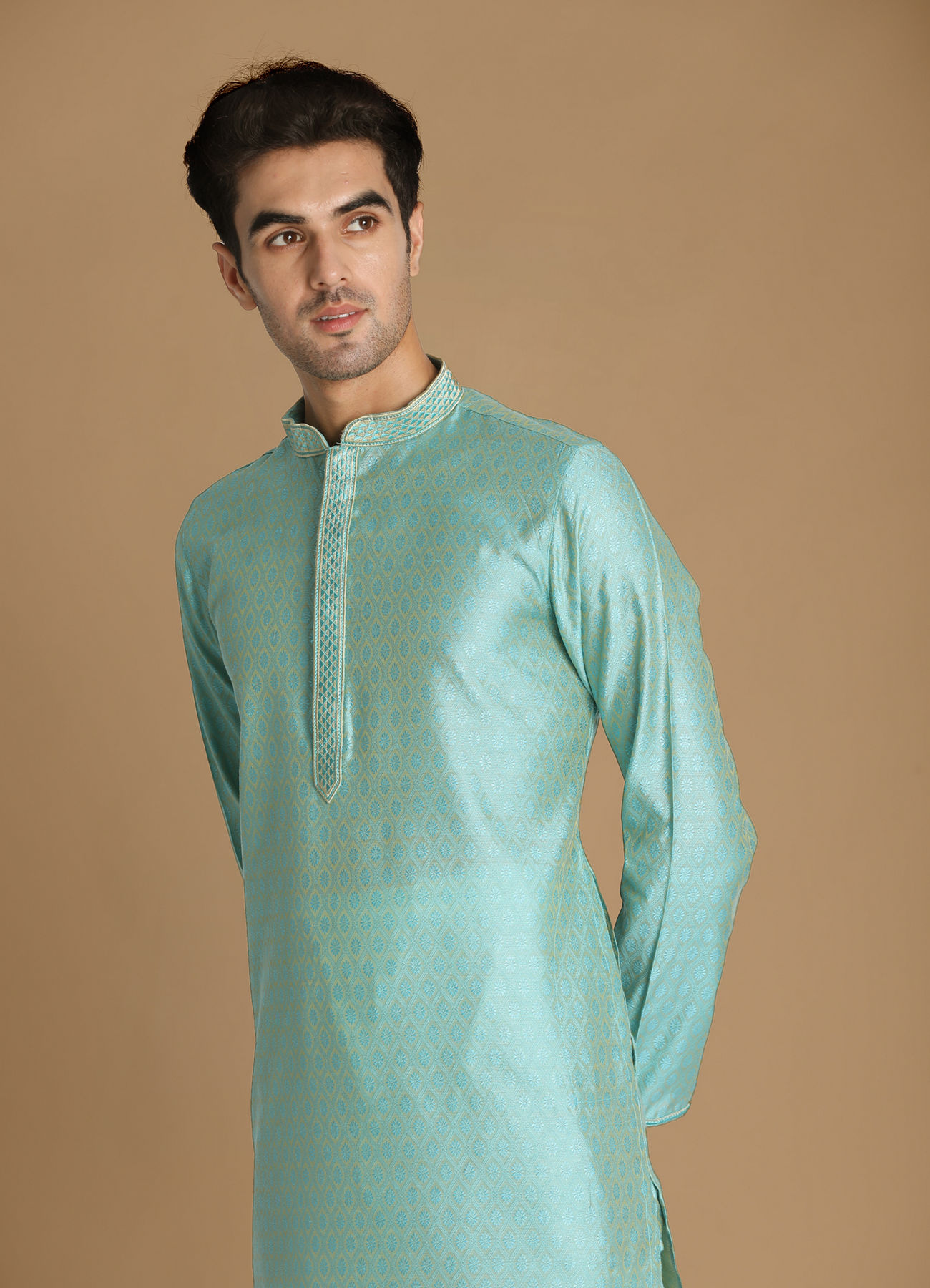 Manyavar Men Pastel Blue Self Design Kurta Pajama