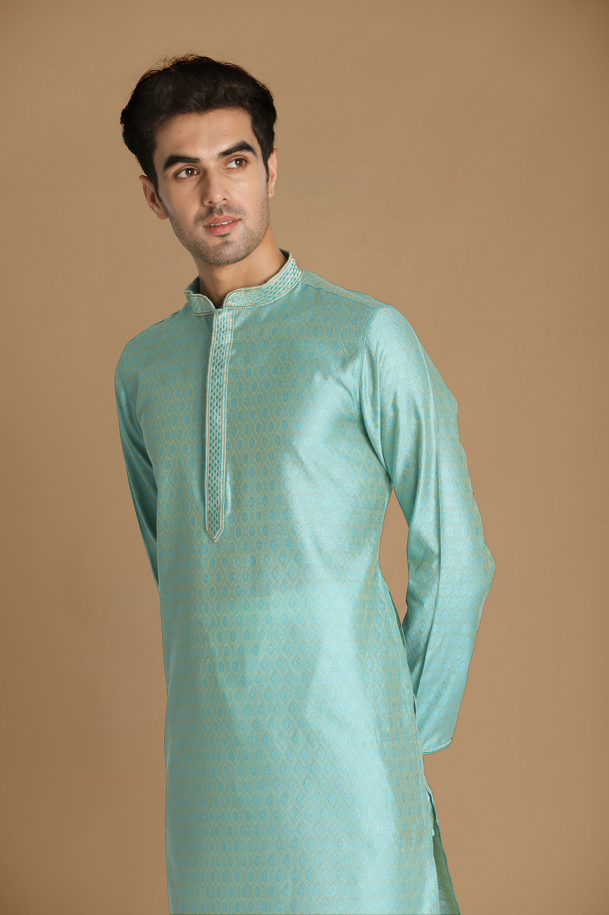 Manyavar Men Pastel Blue Self Design Kurta Pajama