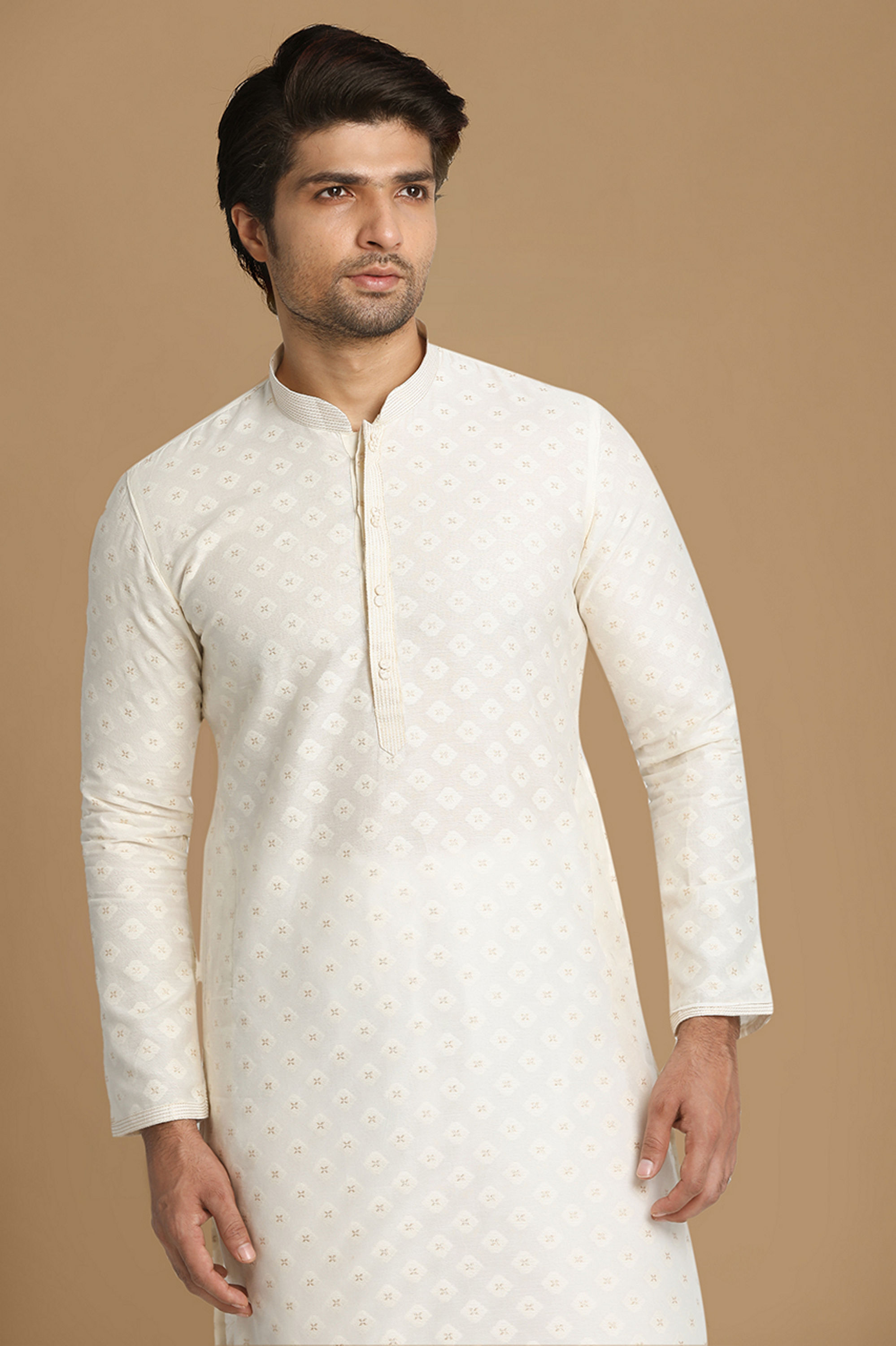 Manyavar Men Off White Self Motif Kurta Set