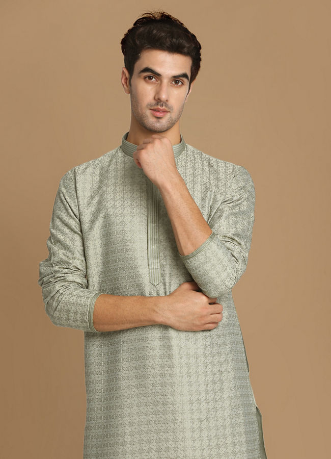 alt message - Manyavar Men Sage Green Self Embroidered Kurta Set image number 0