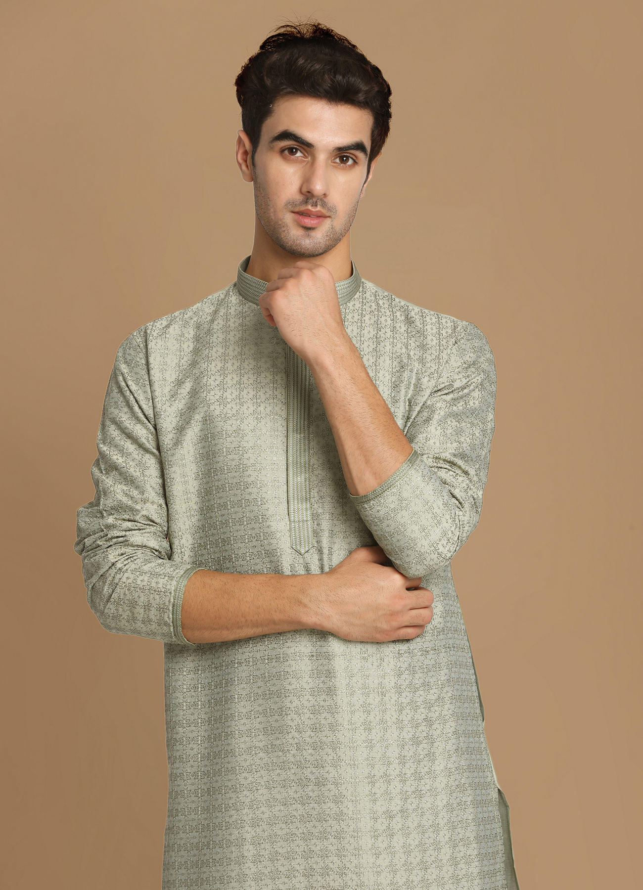 Manyavar Men Sage Green Self Embroidered Kurta Set