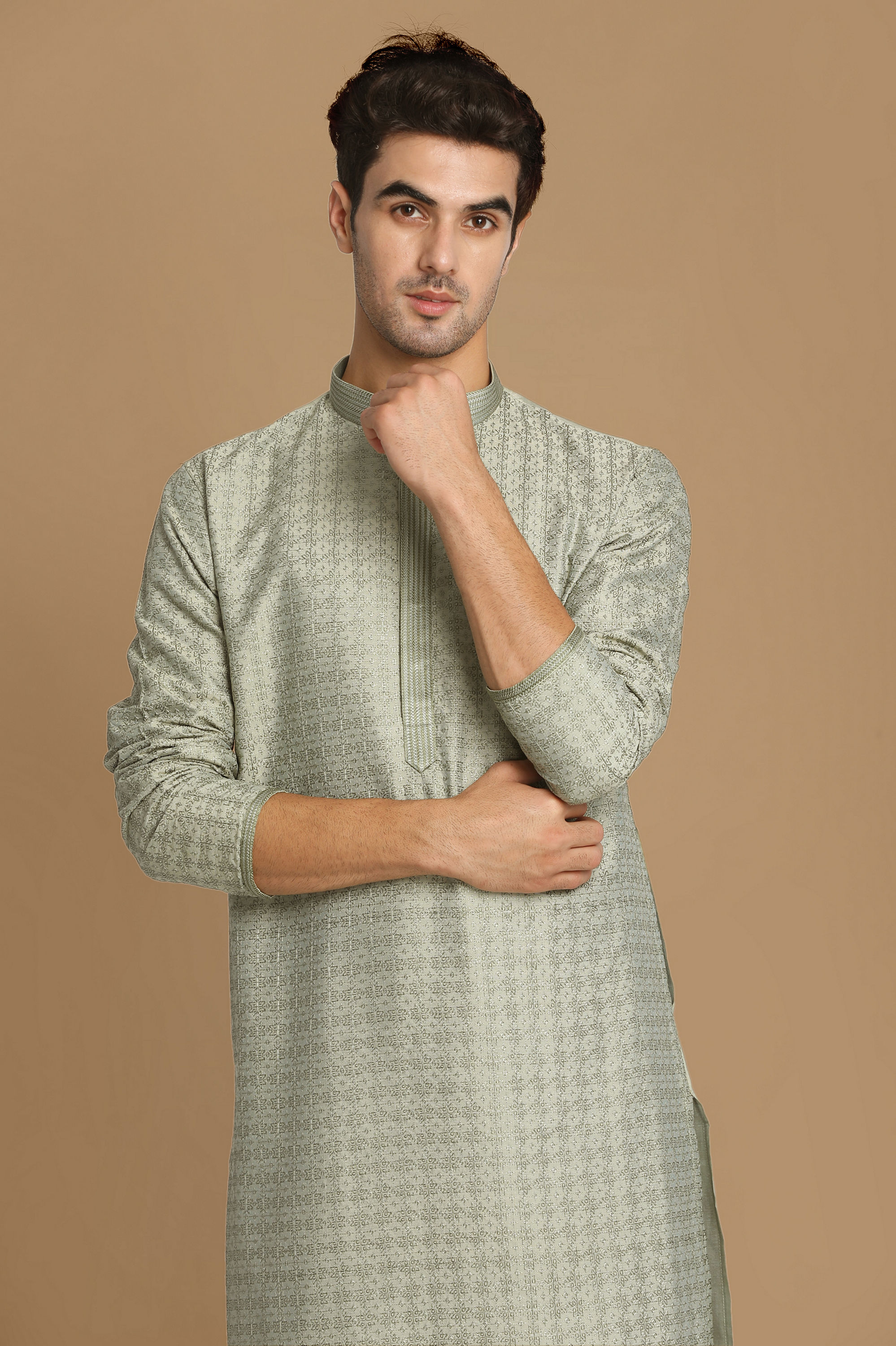 Manyavar Men Sage Green Self Embroidered Kurta Set