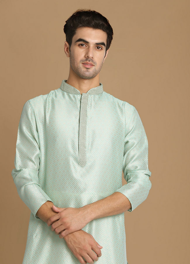 Manyavar Men Pastel Green Self Design Kurta Pajama