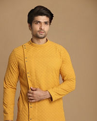 Manyavar Men Mustard Side Open Kurta With Chikankari Work