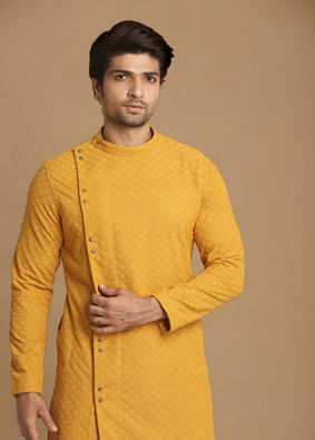 alt message - Manyavar Men Mustard Side Open Kurta With Chikankari Work image number 0