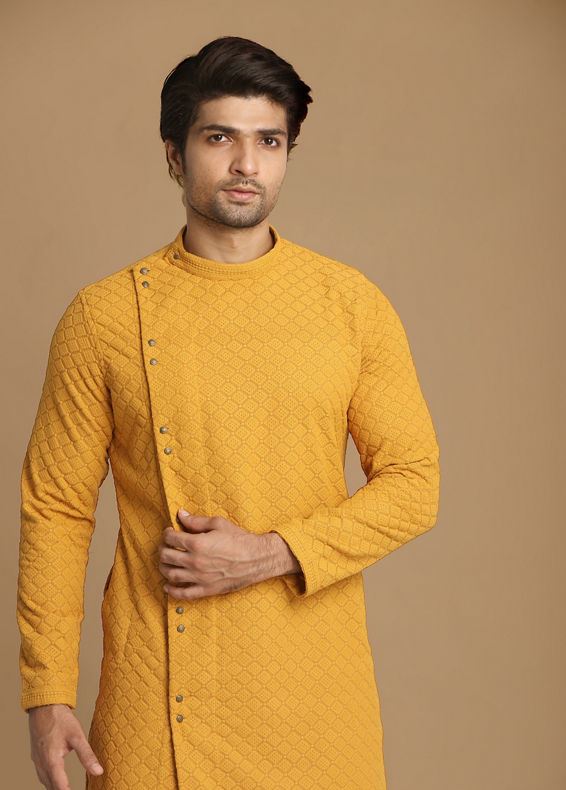 Manyavar Men Mustard Side Open Kurta With Chikankari Work