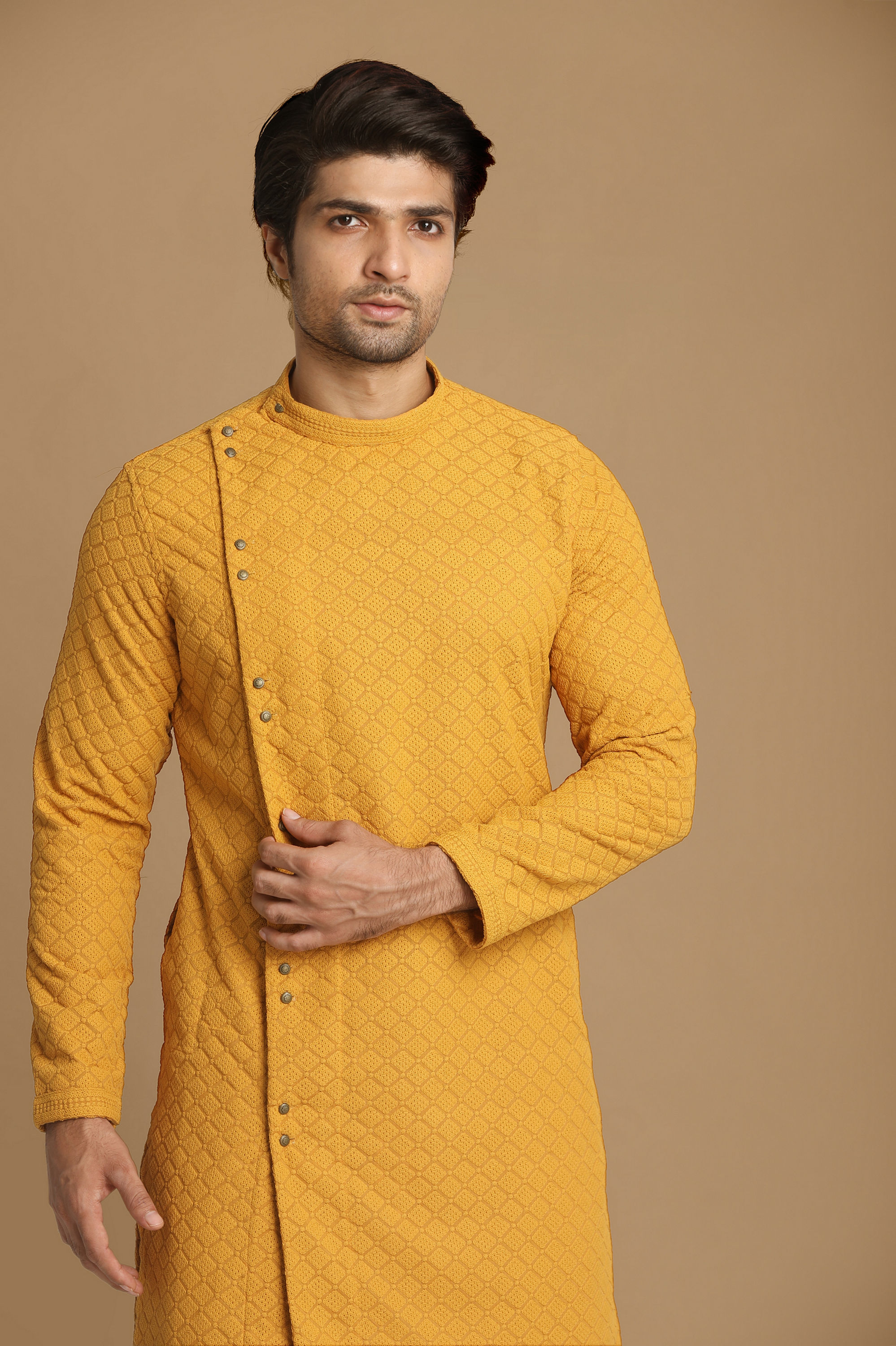 Manyavar Men Mustard Side Open Kurta With Chikankari Work