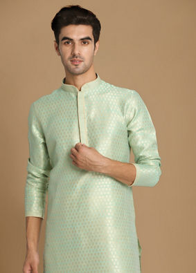 alt message - Manyavar Men Light Green Jacquard Kurta Set image number 0