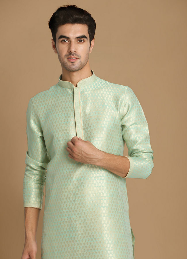 alt message - Manyavar Men Light Green Jacquard Kurta Set image number 0