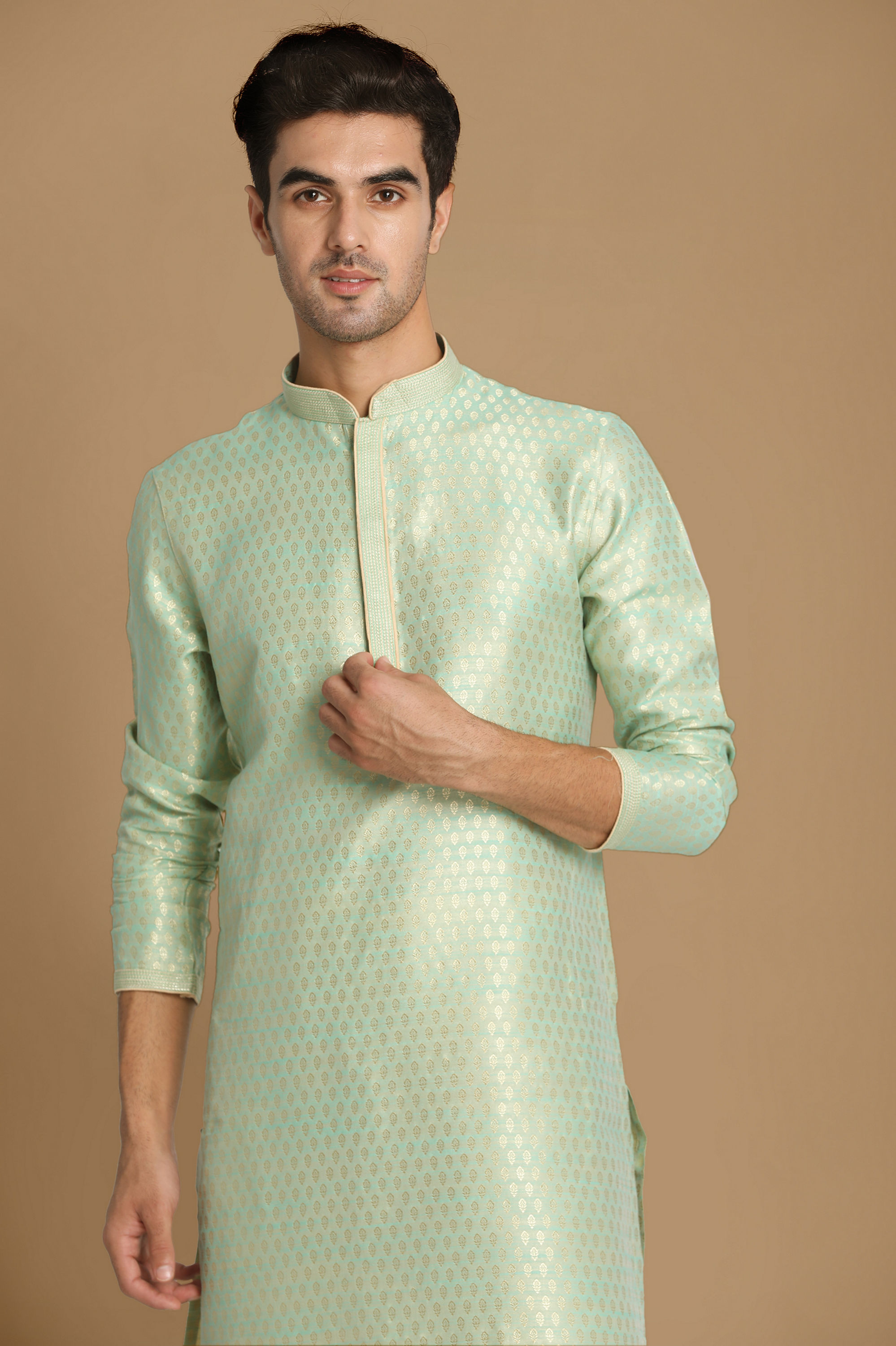 Manyavar Men Light Green Jacquard Kurta Set