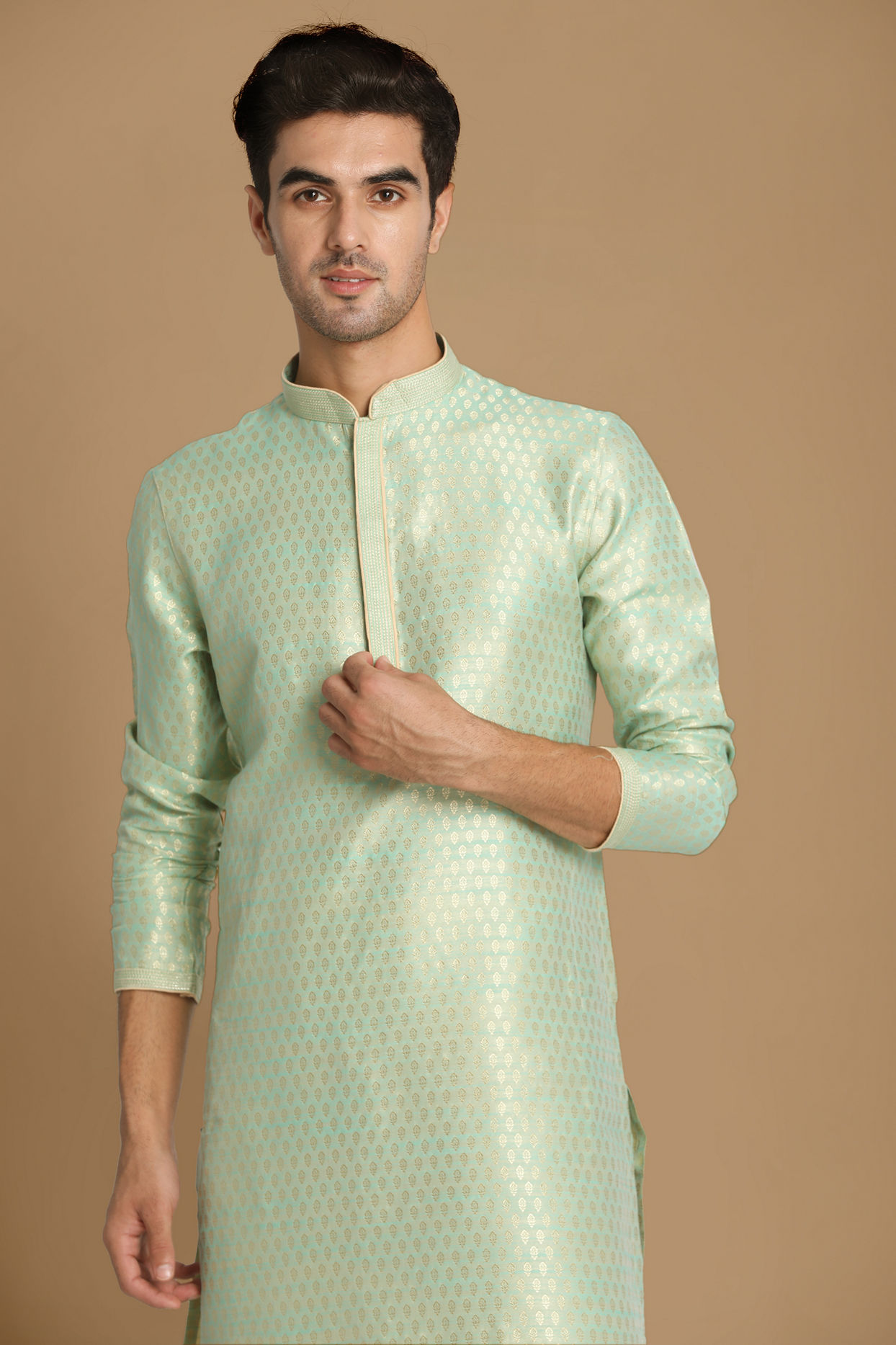 alt message - Manyavar Men Light Green Jacquard Kurta Set image number 0