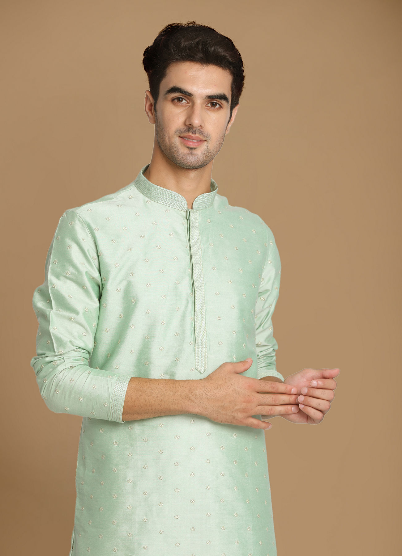 Manyavar Men Pastel Green Embroidered Kurta Set