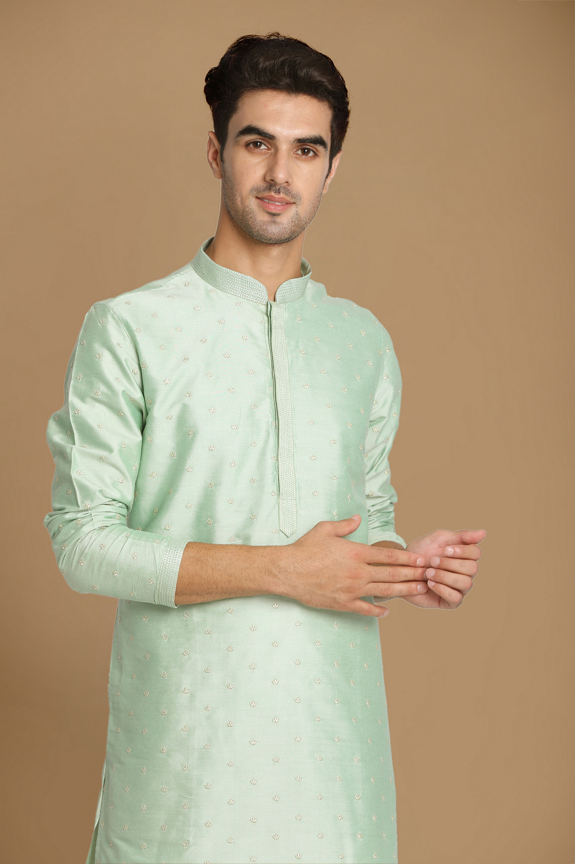 Manyavar Men Pastel Green Embroidered Kurta Set