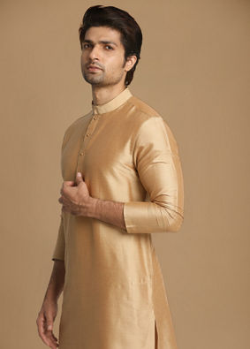 alt message - Manyavar Men Light Taupe Brown Solid Kurta Set image number 0