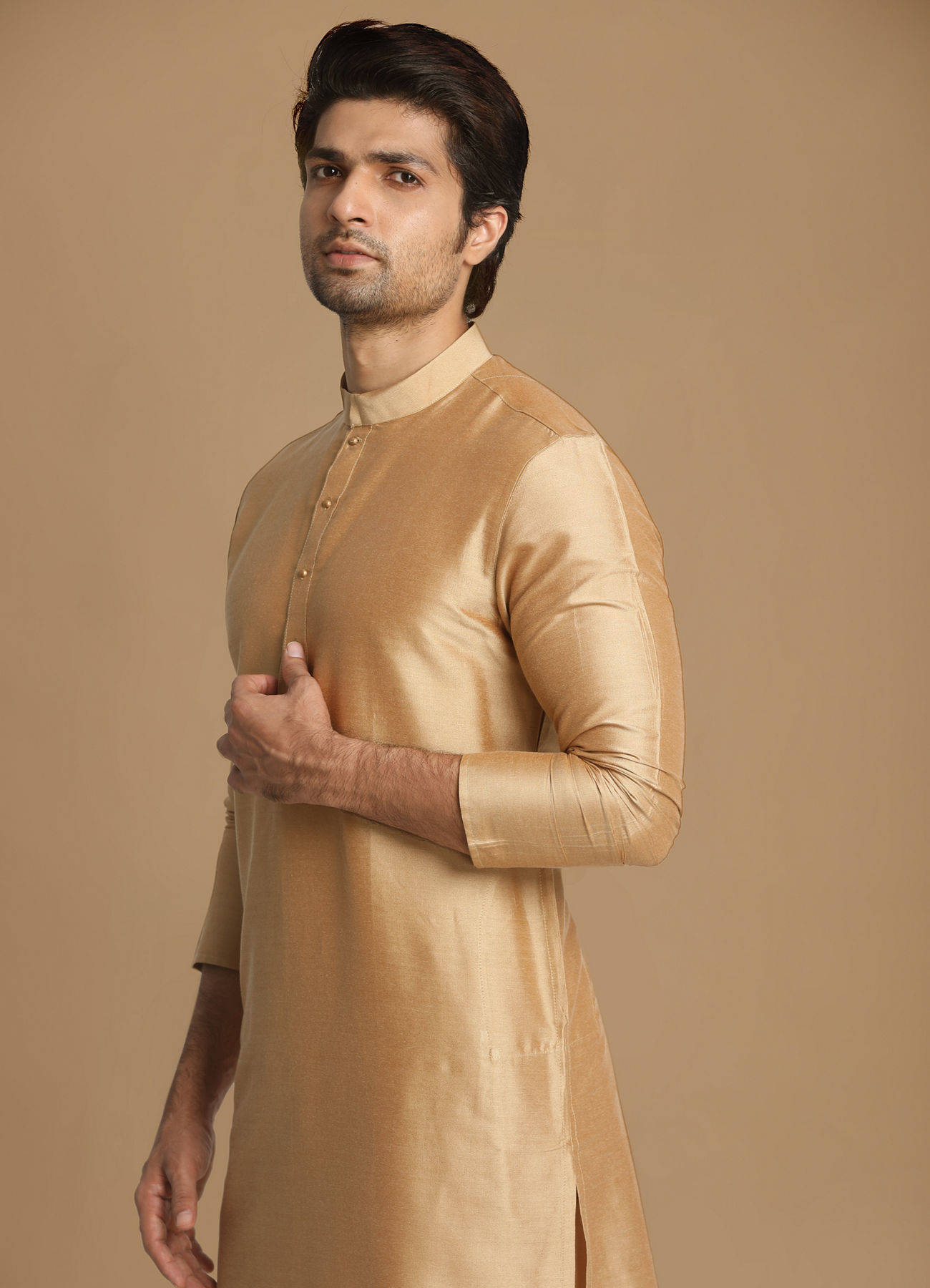 Manyavar Men Light Taupe Brown Solid Kurta Set