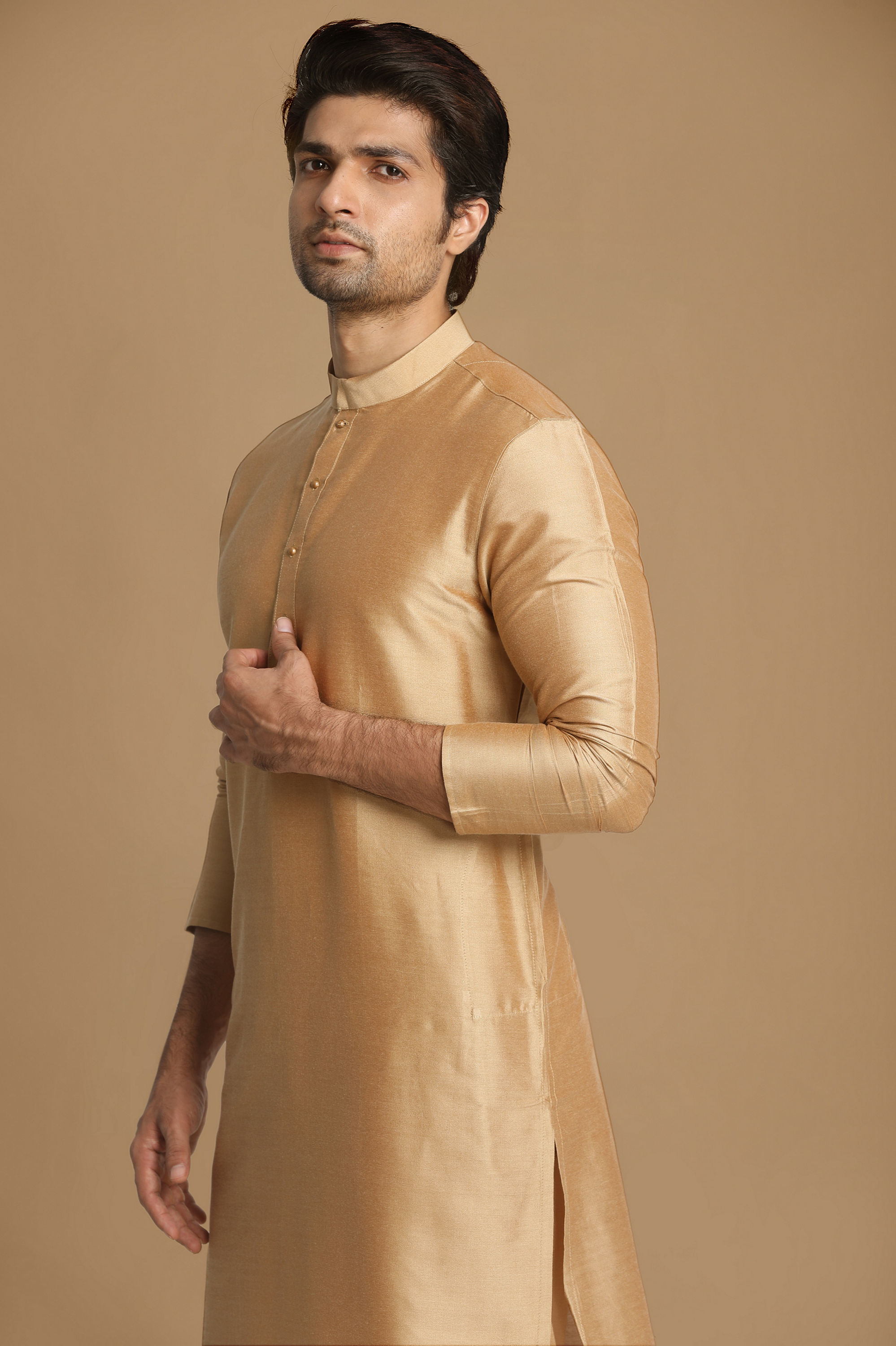 Manyavar Men Light Taupe Brown Solid Kurta Set