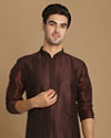 alt message - Manyavar Men Wine Self Design Kurta With Black Churidar image number 0