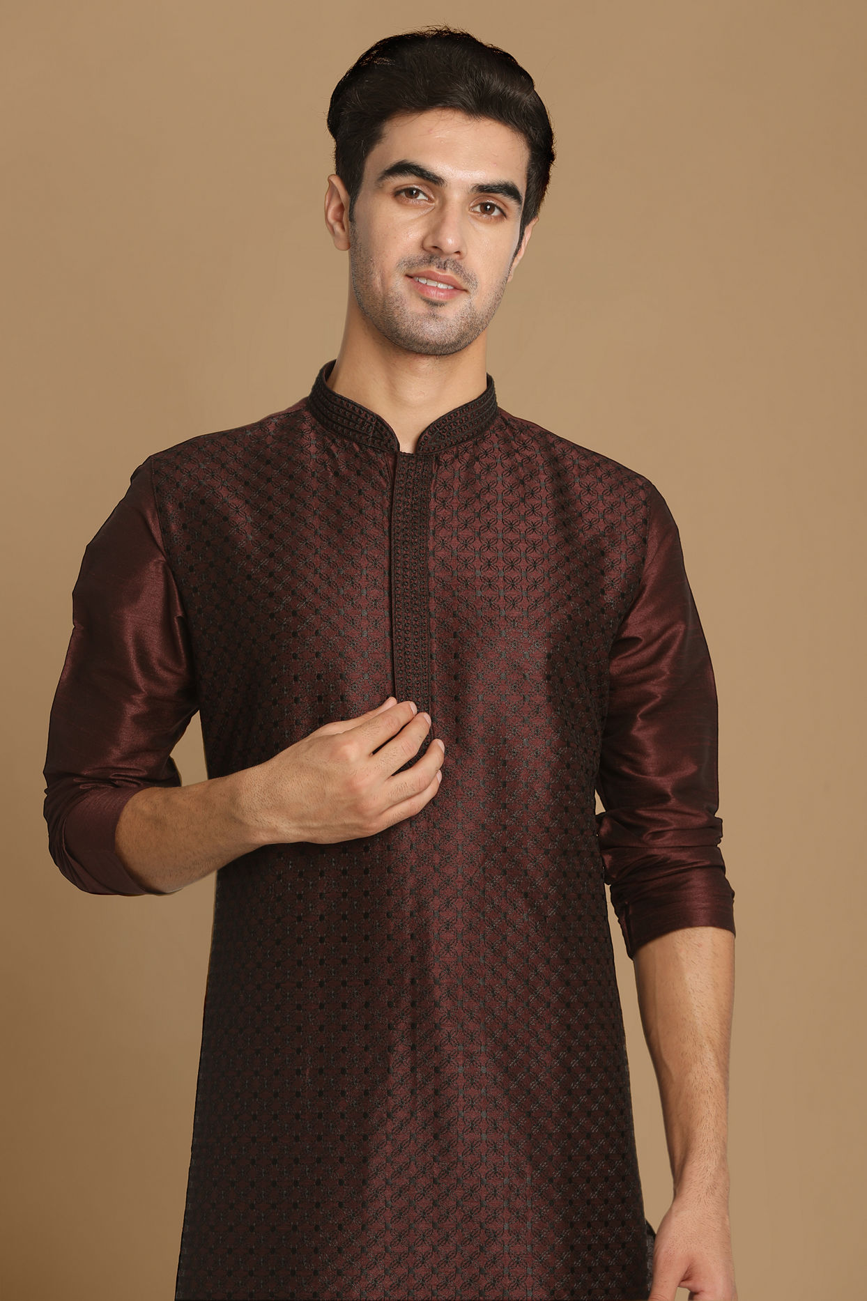 alt message - Manyavar Men Wine Self Design Kurta With Black Churidar image number 0