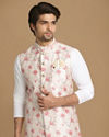 alt message - Manyavar Men Beige Jacket With Pink Floral Motifs image number 0